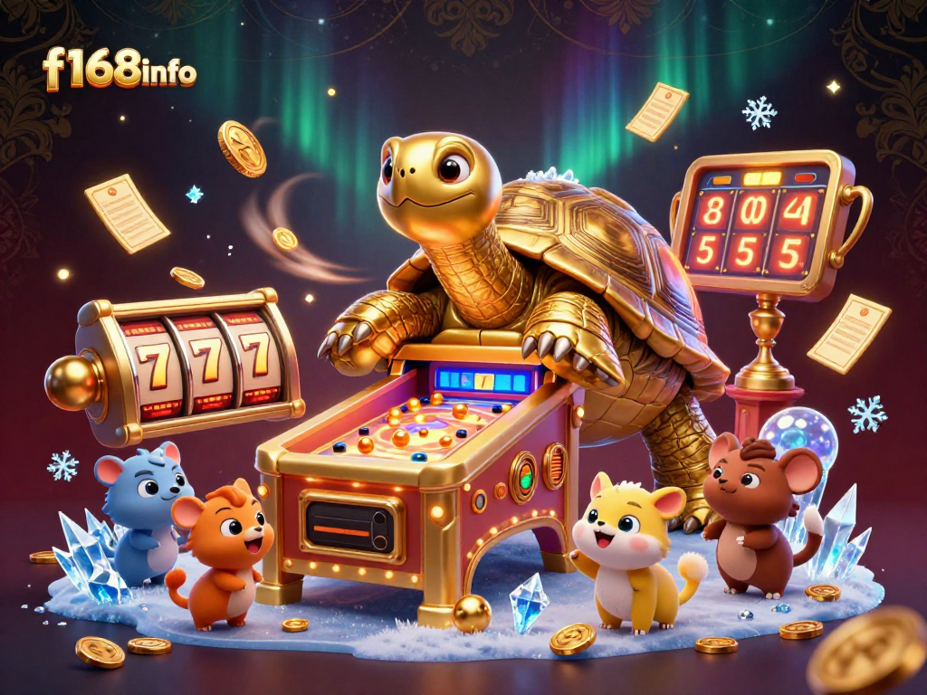 Experience exciting gameplay at f168info with a colossal golden tortoise game character in a vibrant casino scene.