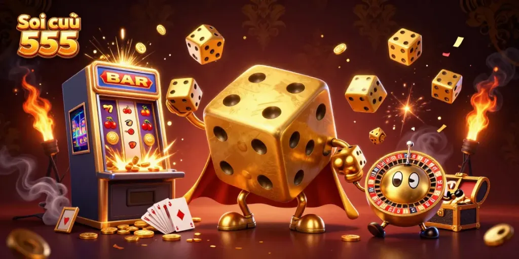 Experience gaming excitement with Soi cầu 555 as a golden dice golem juggles winnings in a dynamic casino scene.