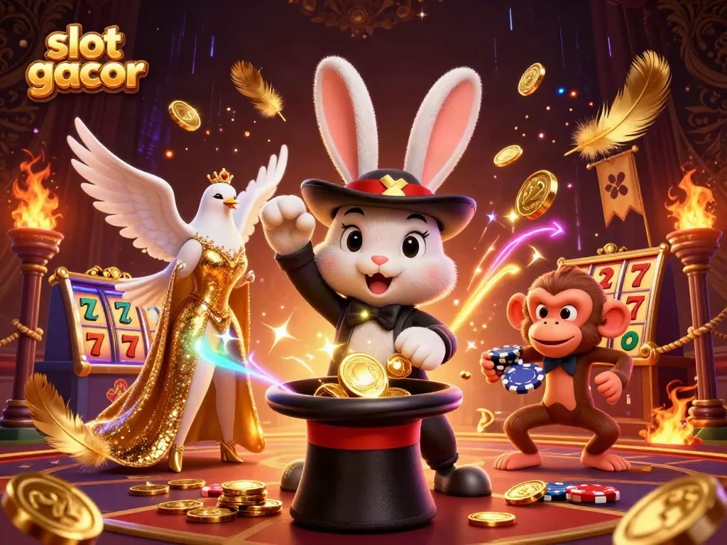 Experience thrilling slot gacor action with a magician rabbit and golden coins in this vibrant 3D illustration.