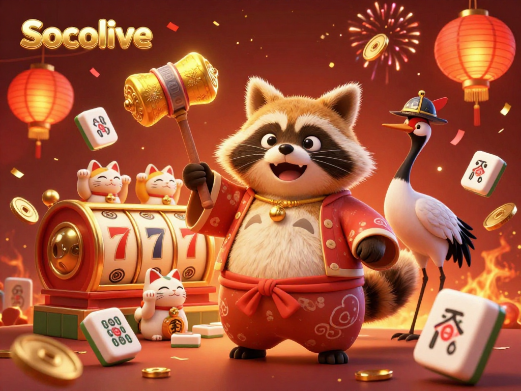 Socolive engages players with exciting slot machines and festive celebratory elements in a vibrant casino illustration.