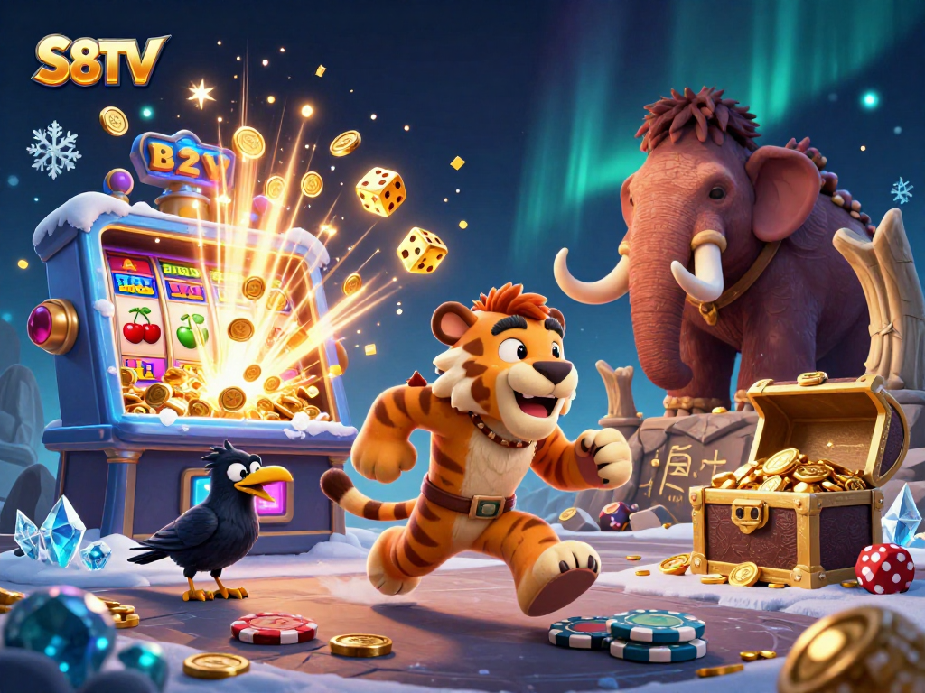 S8TV showcases a vibrant 3D illustration of a prehistoric casino scene, highlighting exciting gambling elements.