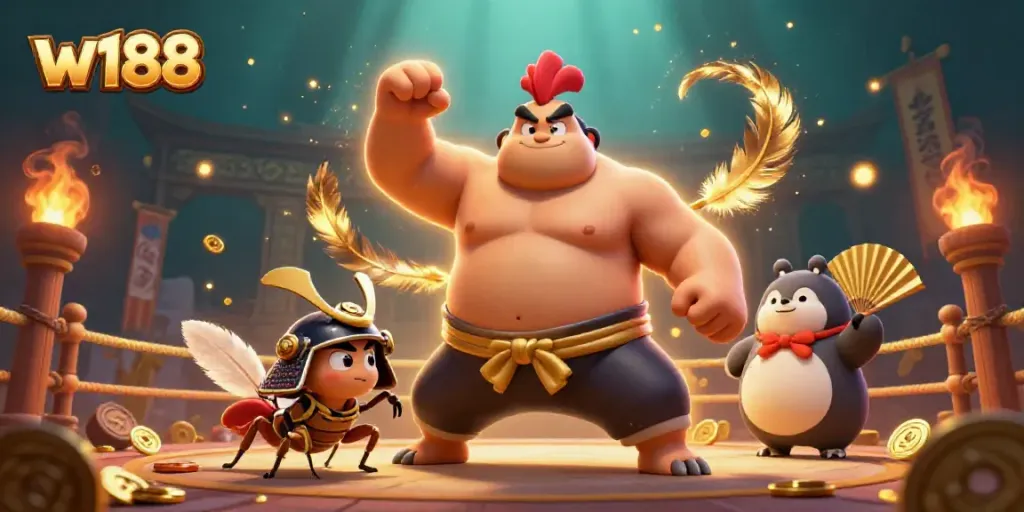 Experience thrilling bets with w188 as a powerful sumo wrestler rooster leads the arena surrounded by gold.