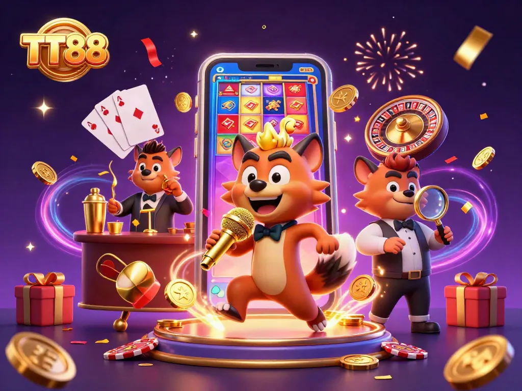 TT88 brings excitement to the casino with hyenas performing, mixing drinks, and checking IDs amidst vibrant game elements.