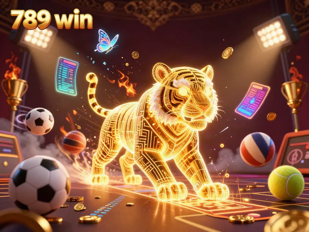 Experience the vibrant energy of 789 win in a stunning casino landscape with a golden tiger and sports elements.