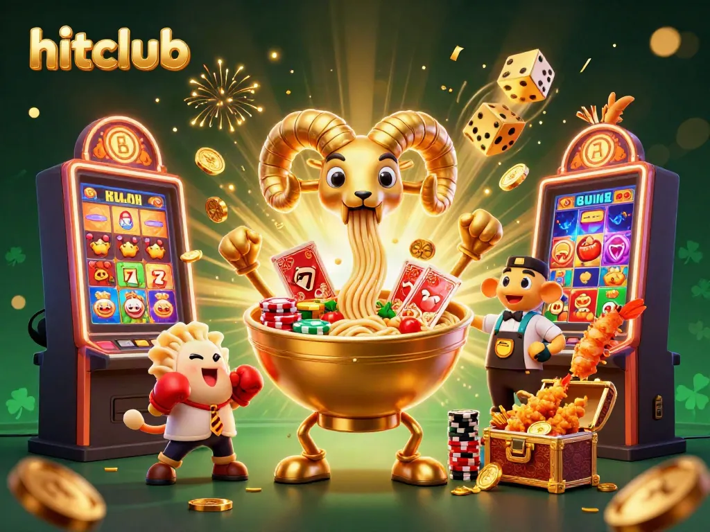 Enter the vibrant hitclub gaming scene with a golden ramen bowl dealer, surrounded by dynamic casino elements.