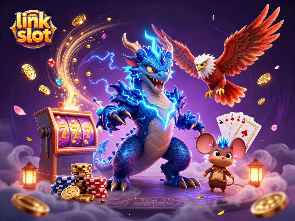 Engage in link slot excitement with dynamic 3D casino elements showcasing thrilling spins and wins.