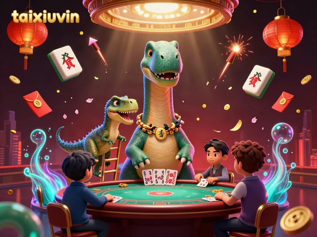 Play at taixiuvin with a whimsical 3D scene featuring a brontosaurus dealer and gambling elements.