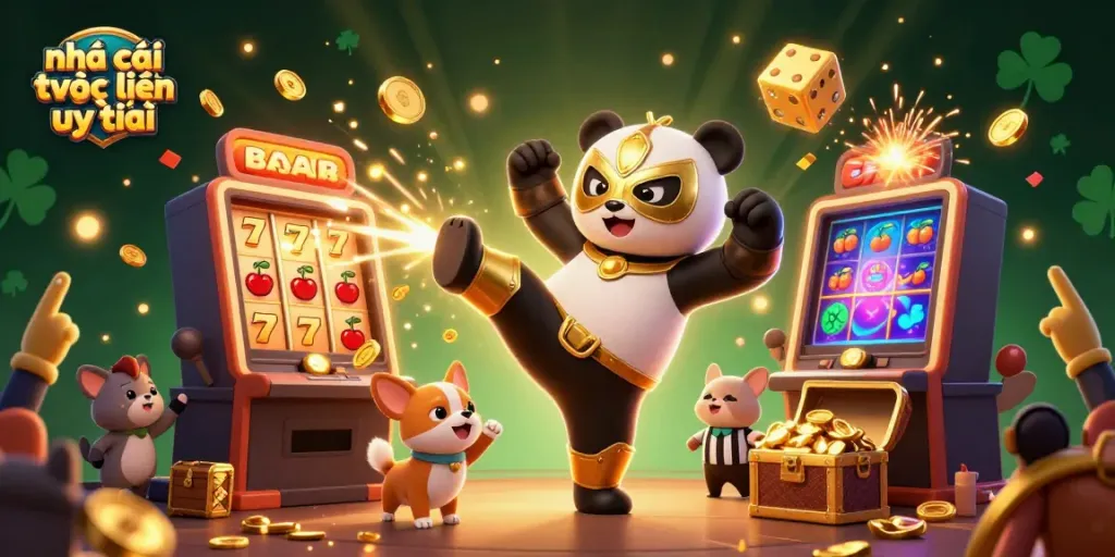Experience the excitement of nhà cái trực tuyến uy tín with vibrant characters in a lively casino scene featuring exploding jackpots and cheering crowds.