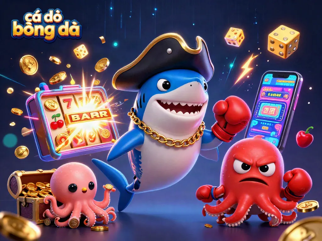 Engage in cá độ bóng đá with dynamic characters and exciting casino elements showcased in a vibrant 3D illustration.