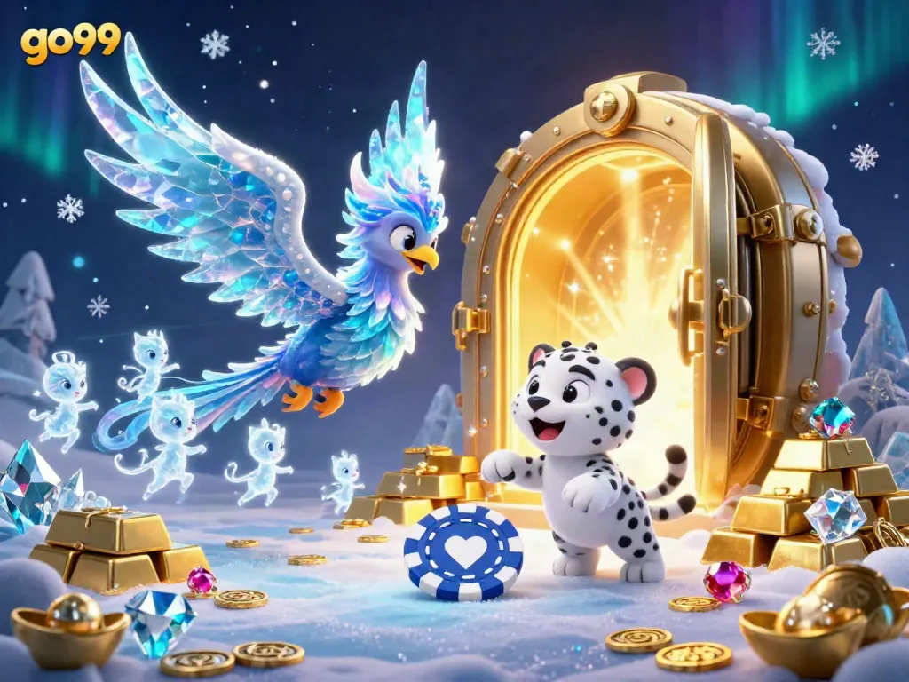 Experience thrilling gaming at go99 with an enchanting 3D illustration of the ice phoenix and treasure vault.