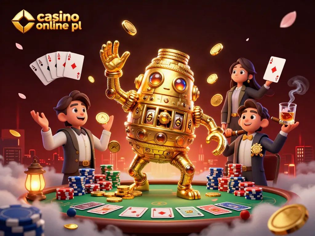 Experience excitement at casino online pl with a vibrant poker scene featuring a unique golden golem.
