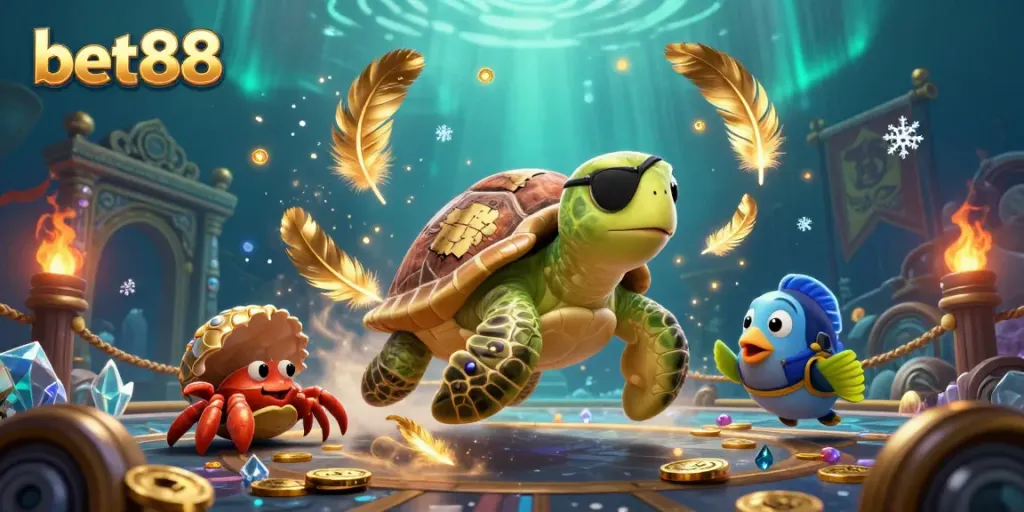 Engage with thrilling fights at bet88's casino scene featuring a pirate turtle, hermit crab, and parrotfish.