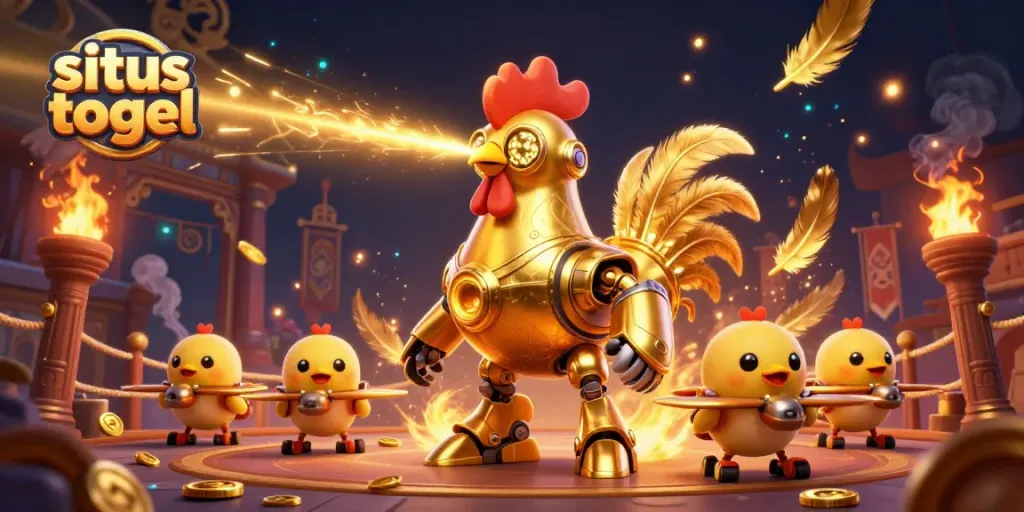 Menampilkan permainan situs togel 4D dengan elemen robot ayam emas futuristik dan anak ayam drone di arena pertarungan.