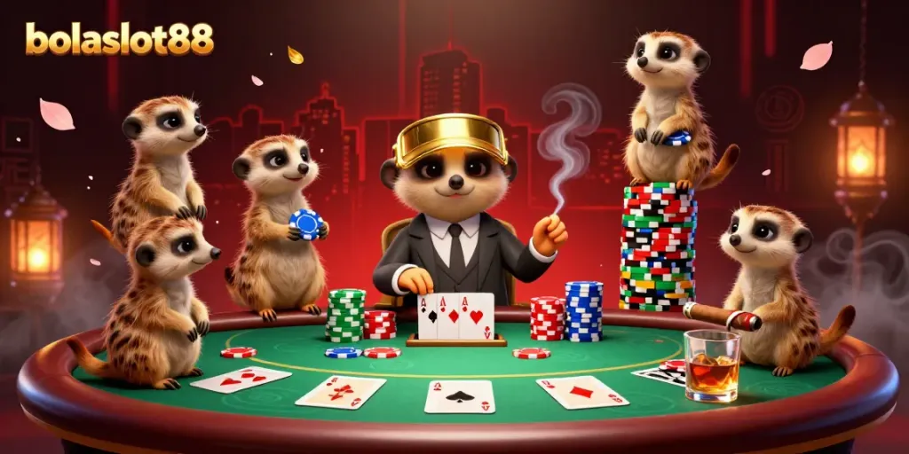Bolaslot88's meerkat casino scene with players and vibrant poker elements in an engaging setting.
