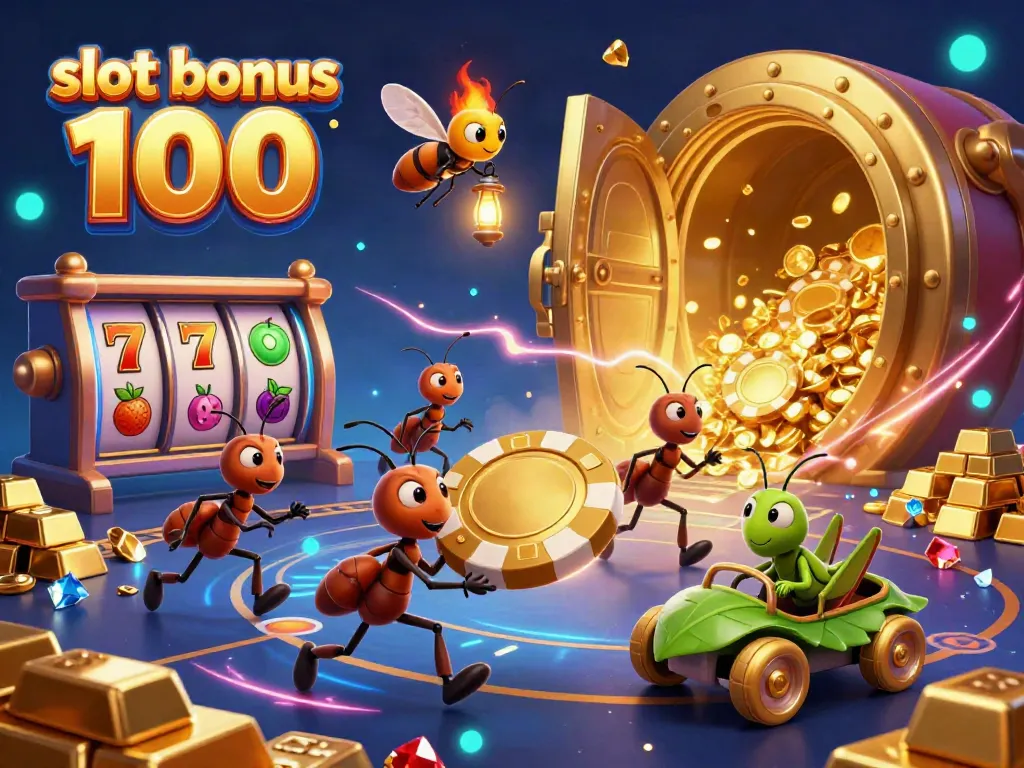 Experience thrilling excitement with slot bonus 100, featuring a team of cartoon ants on a casino heist.