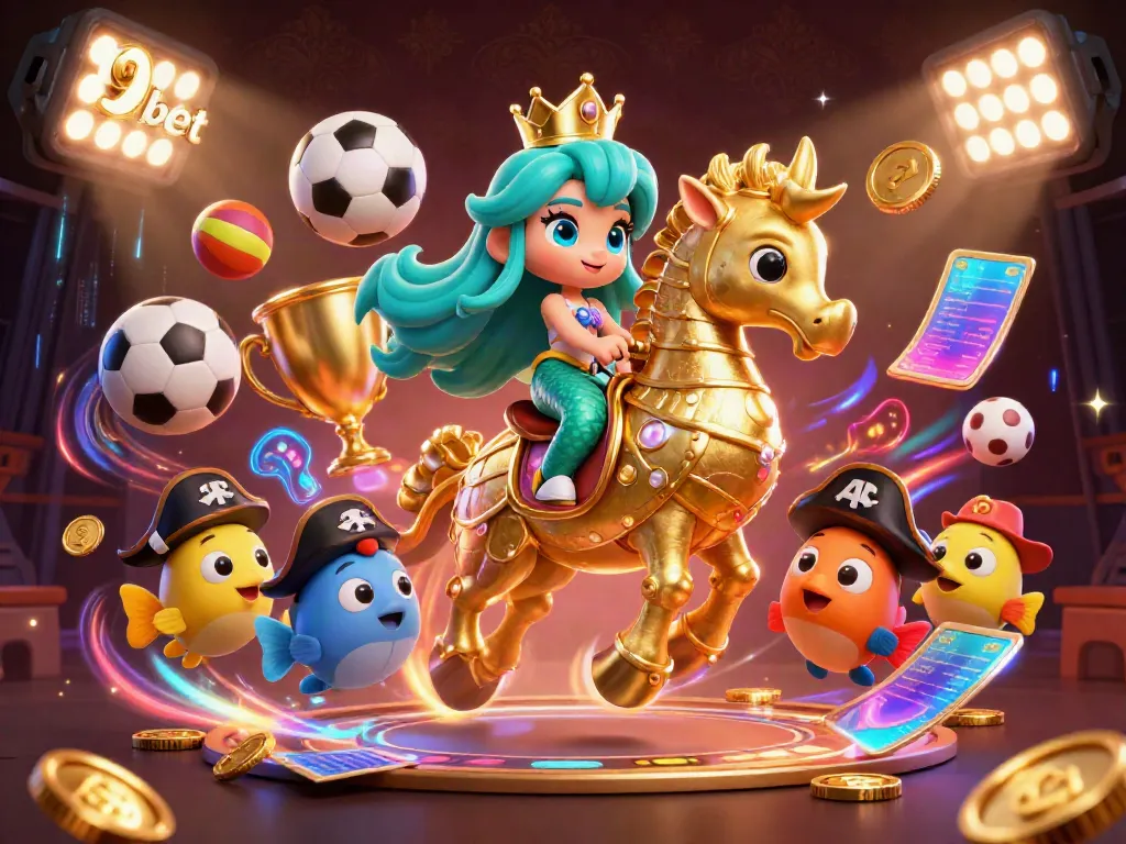 Experience the thrill of betting with 9 bet featuring a mermaid princess and seahorse in a vibrant casino-themed illustration.