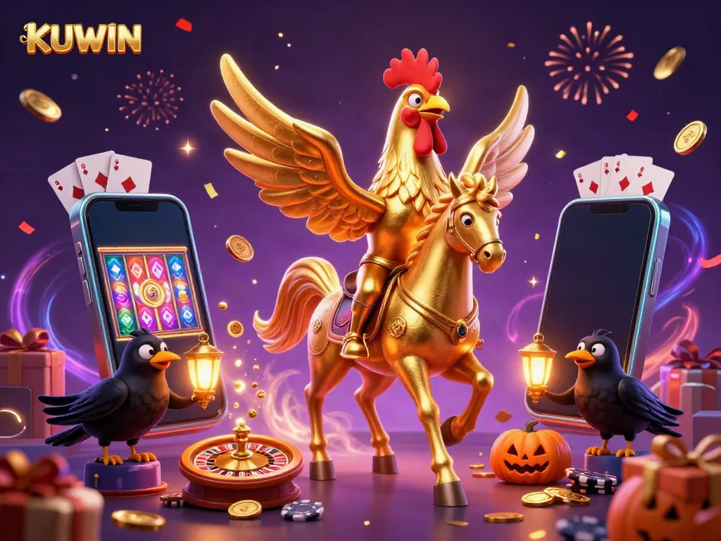 Experience the magic of KUWIN with a golden rooster and friends in a vibrant casino scene.