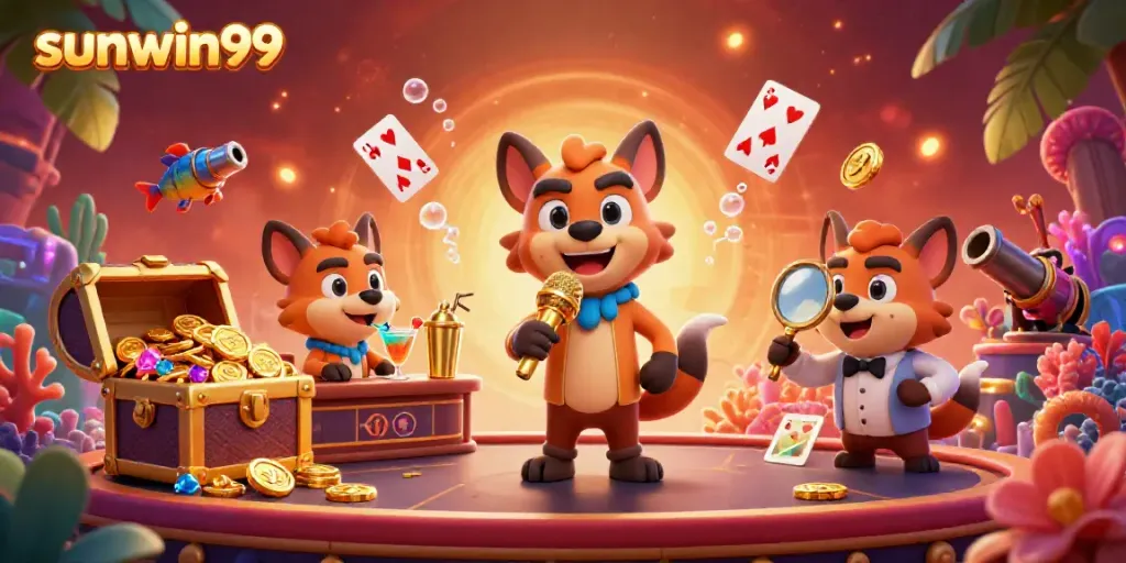 Experience the vibrant atmosphere of sunwin99 with hyena characters running a comedy casino club scene.