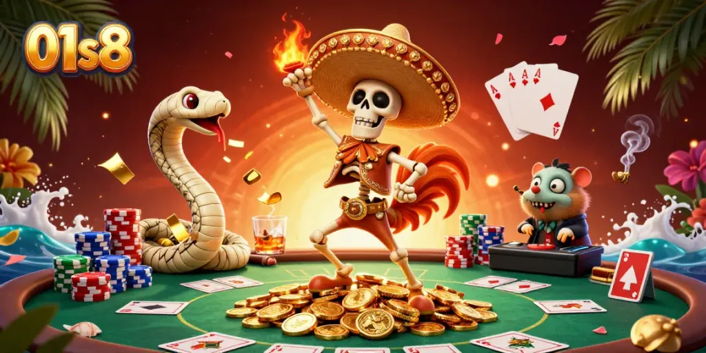 Celebrate at 01s8's vibrant casino scene with a dancing mariachi rooster and poker action.