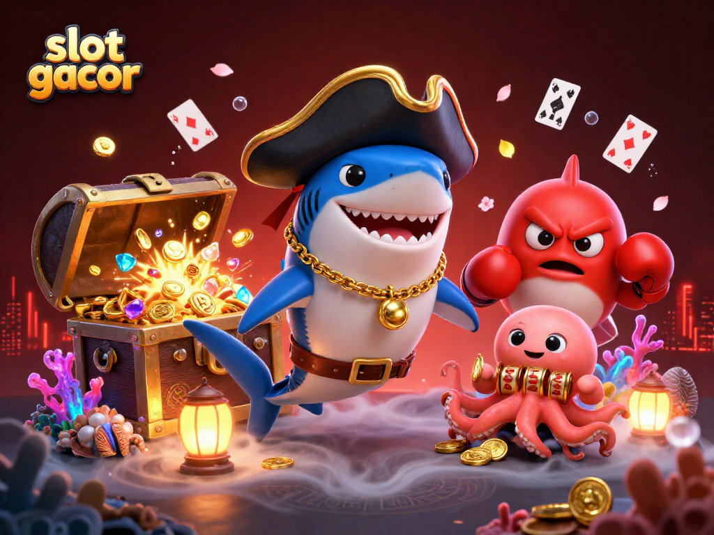 Engage with slot gacor in this vibrant 3D scene featuring a cartoon shark and treasure.