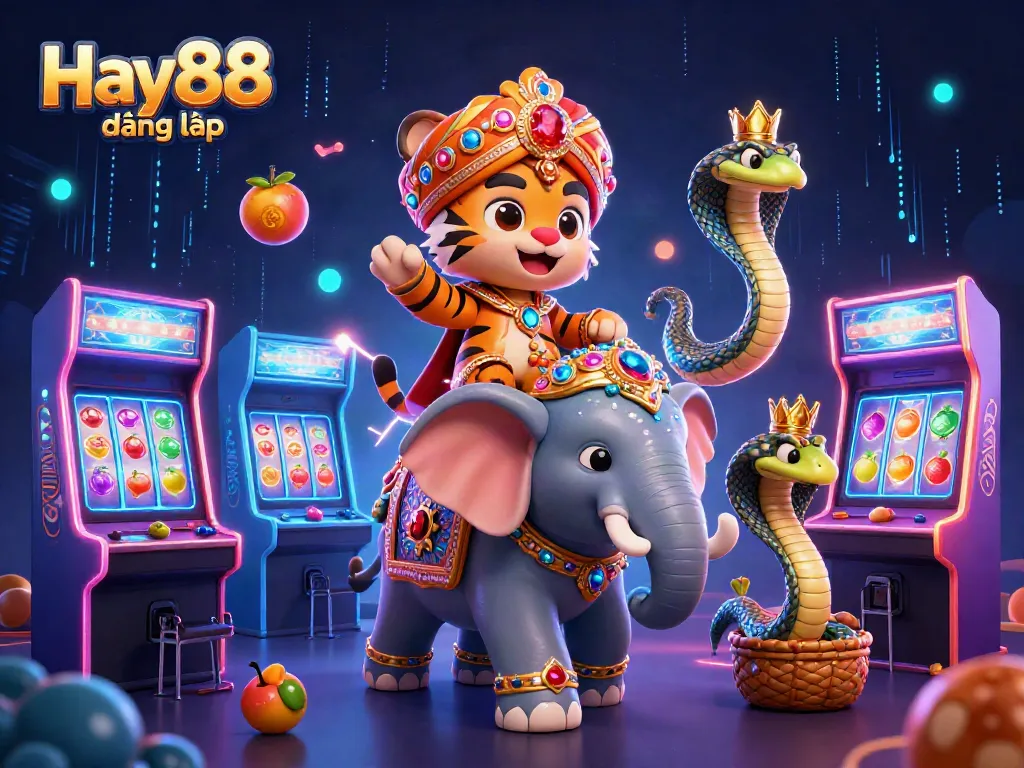 Experience the excitement of Hay88 đăng nhập with a vibrant 3D casino scene, featuring a jewel-encrusted elephant and an enchanting tiger.