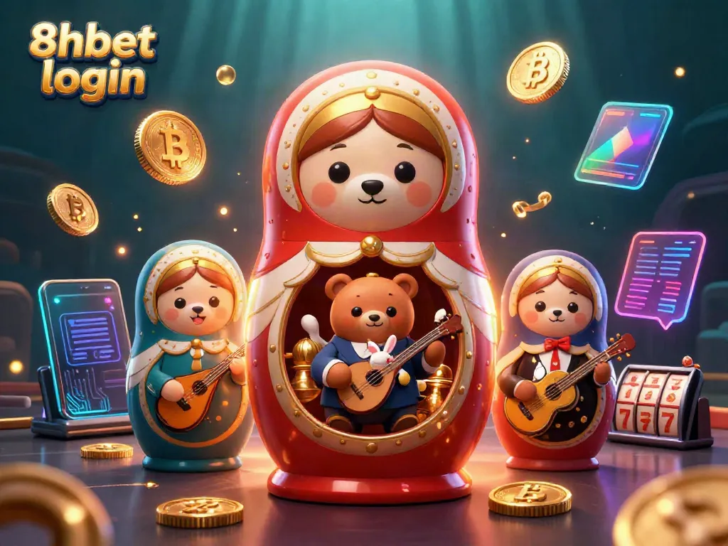 Experience the thrill of 8xbet login with a vibrant casino illustration depicting bears and crypto elements.
