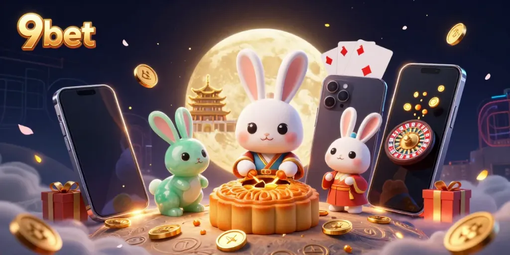 Experience thrilling gaming moments with 9bet featuring a whimsical moon rabbit and casino elements.