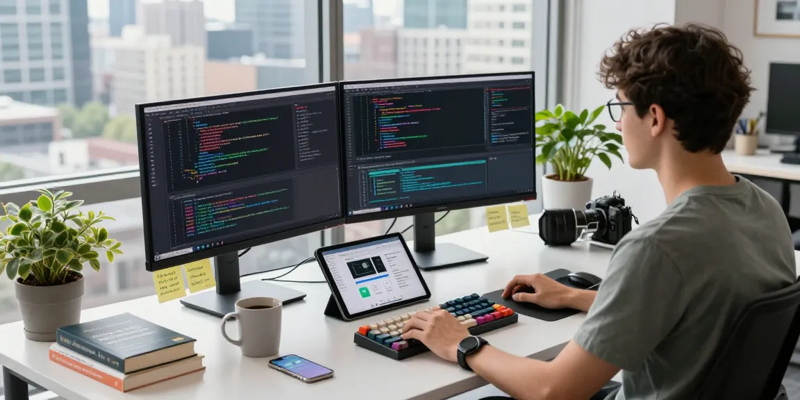 Developer engaged in coding at a modern tech workspace with dual monitors, embodying the essence of crushon ia.
