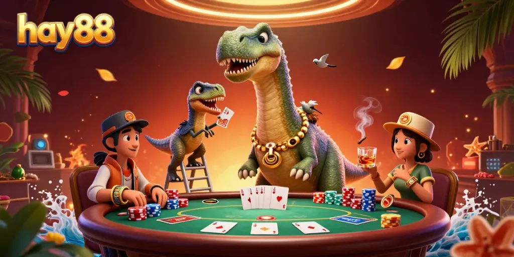 Join the excitement at hay88 with a giant dinosaur overseeing a lively poker game scene!