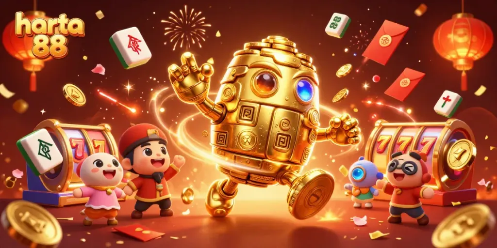 Engage with harta 88's exciting gold-themed casino world, featuring dynamic slot symbols and vibrant elements.
