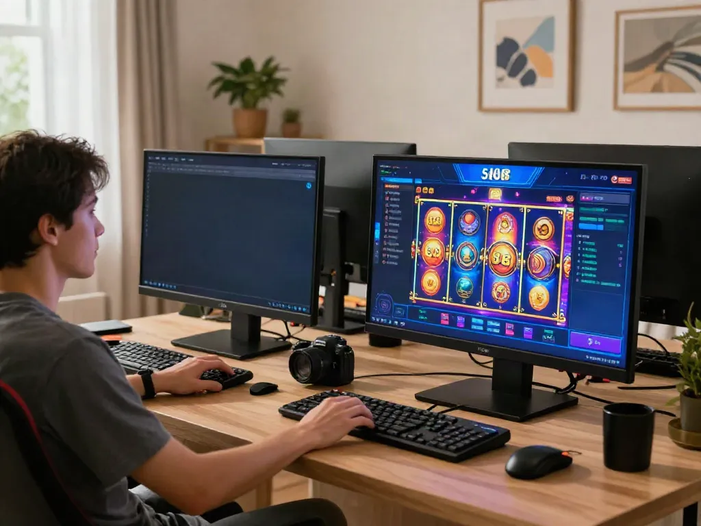 Player enjoying slot88 game on smartphone in cozy living room.