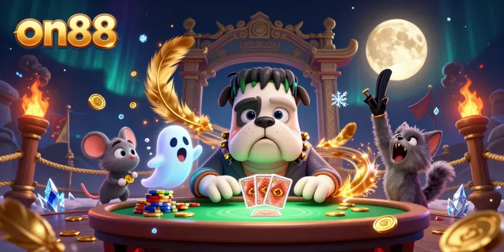 Experience thrilling casino action with on88 featuring unique monsters dealing cards in a spooky setting.