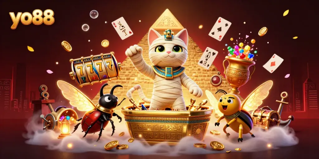 Experience the yo88 excitement with a vibrant scene of an Egyptian mummy cat and a scarab beetle amidst slot reels and treasures.