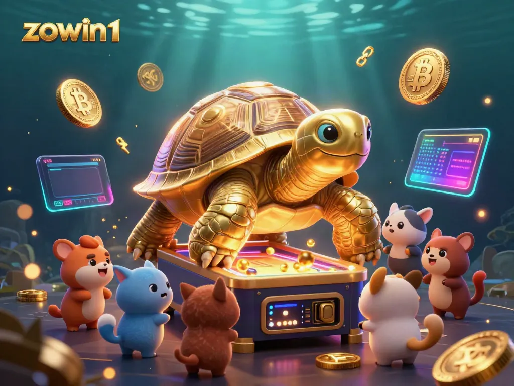 Experience thrilling gaming at zowin1 with a vibrant 3D illustration of golden tortoise gaming.