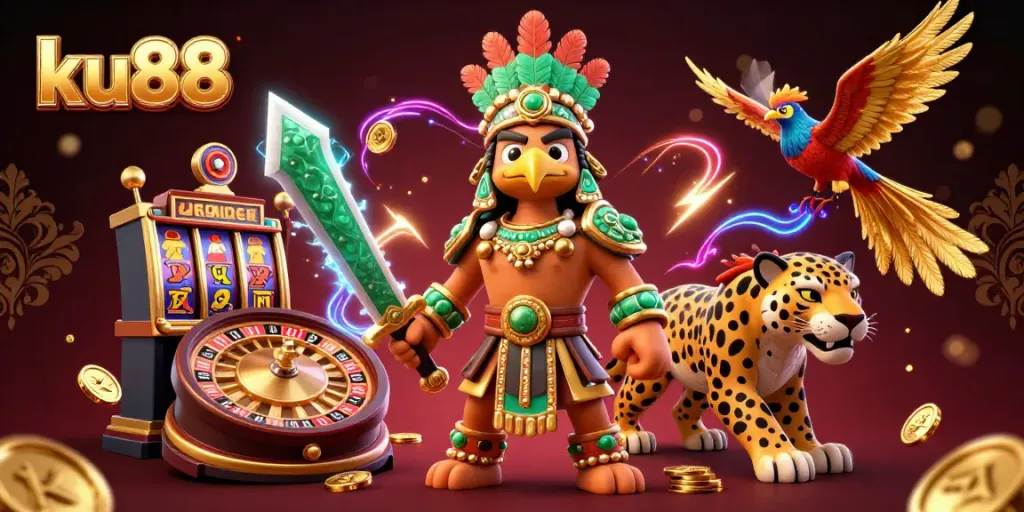 ku88 ignites excitement with colorful 3D casino elements, showcasing fierce warriors in a vibrant gambling atmosphere.