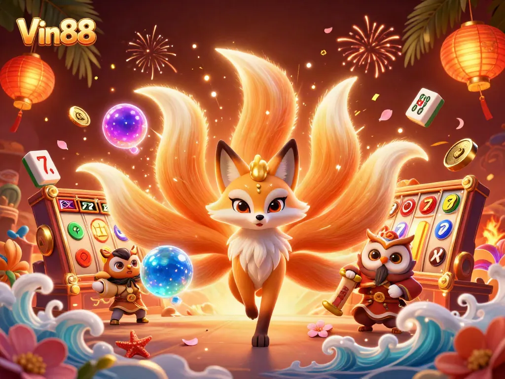 Engage with Vin88's vibrant casino scene featuring animated characters and colorful slot elements.