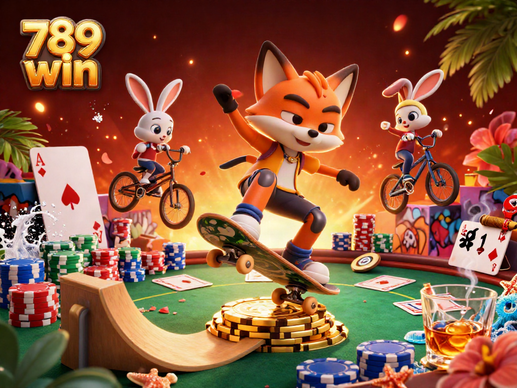 Engage with the casino excitement of 789 win as a fox skateboarder performs thrilling tricks.