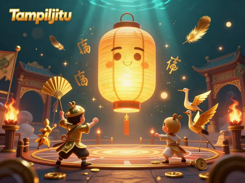 Experience the vibrant world of Tampiljitu, where animated lantern spirits and golden warriors celebrate winning moments at the casino.