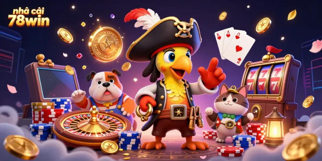 Engage in thrilling casino action at nhà cái 78win with vibrant 3D characters, glowing coins, and interactive gaming elements.