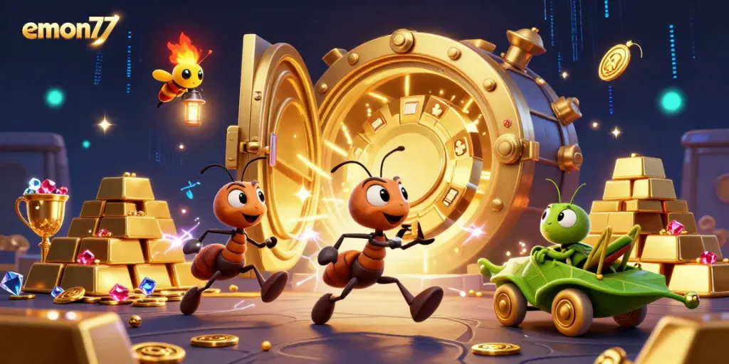 Watch the emon77 team of ants execute a heist with a giant poker chip in a vibrant casino-themed adventure.