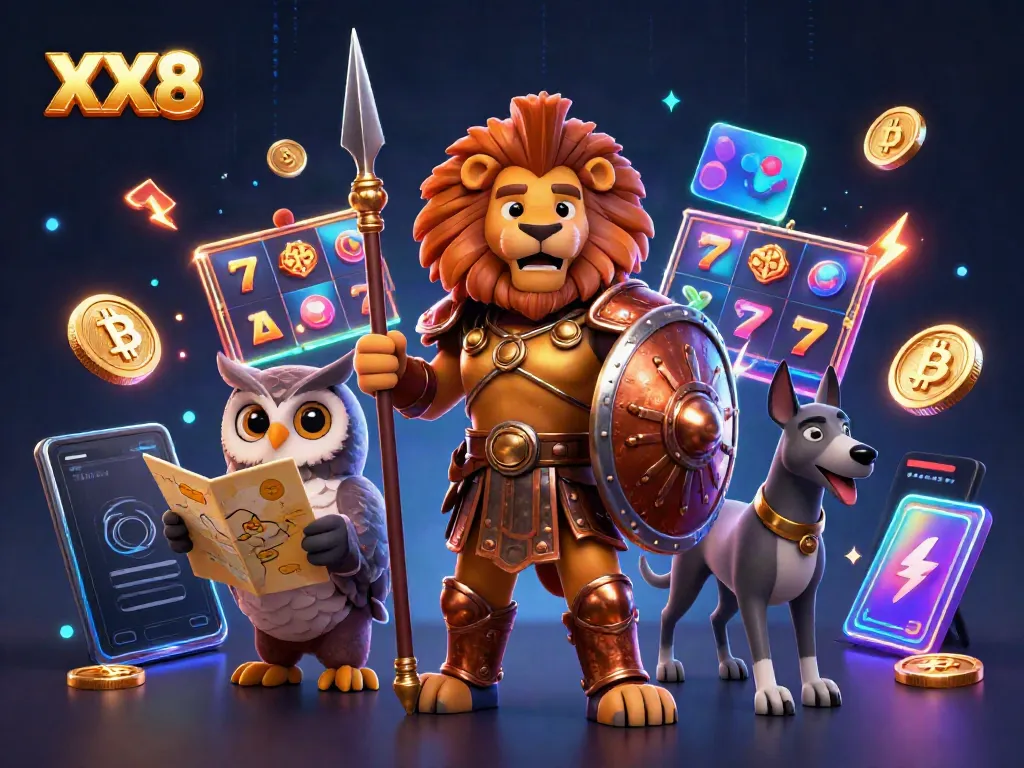 Engage in exhilarating slot games at XX8 with lively illustrations of golden coins, reels, and more.
