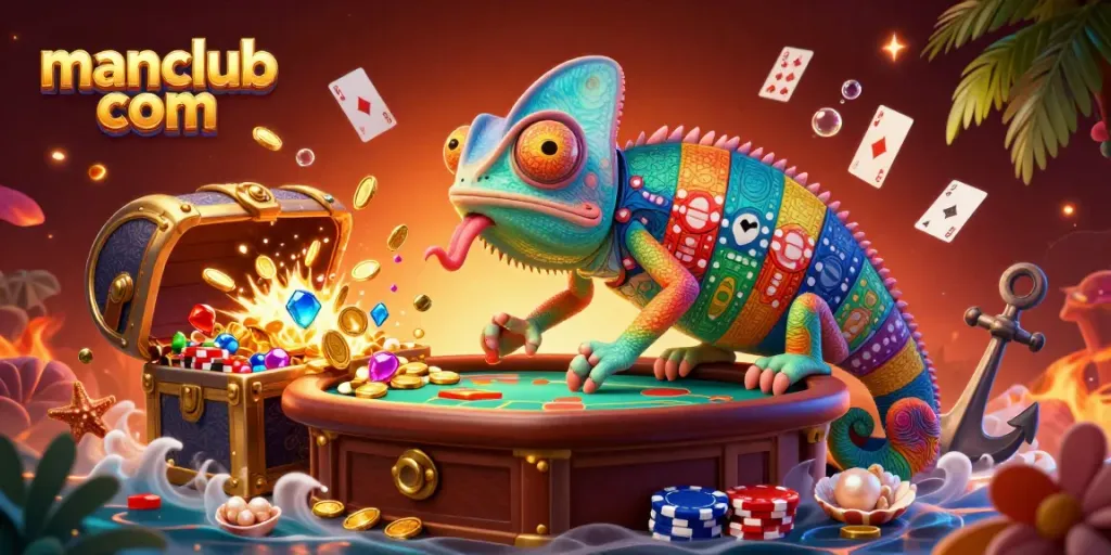 Experience exciting gameplay at manclub com with a vibrant casino scene featuring a playful chameleon and treasure elements.