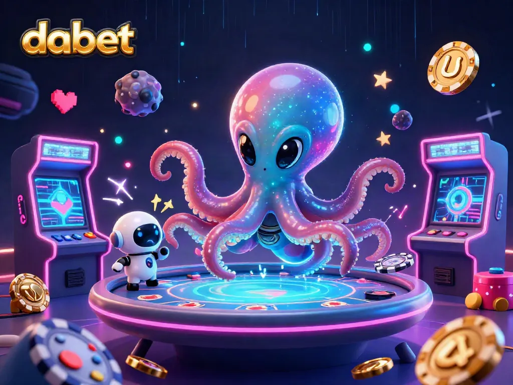 Dabet offers a thrilling experience as an alien octopus shuffles poker chips at a holographic table.