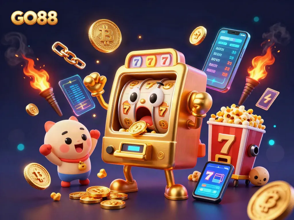 Experience the excitement at GO88 with a jubilant golden slot machine celebrating a jackpot!