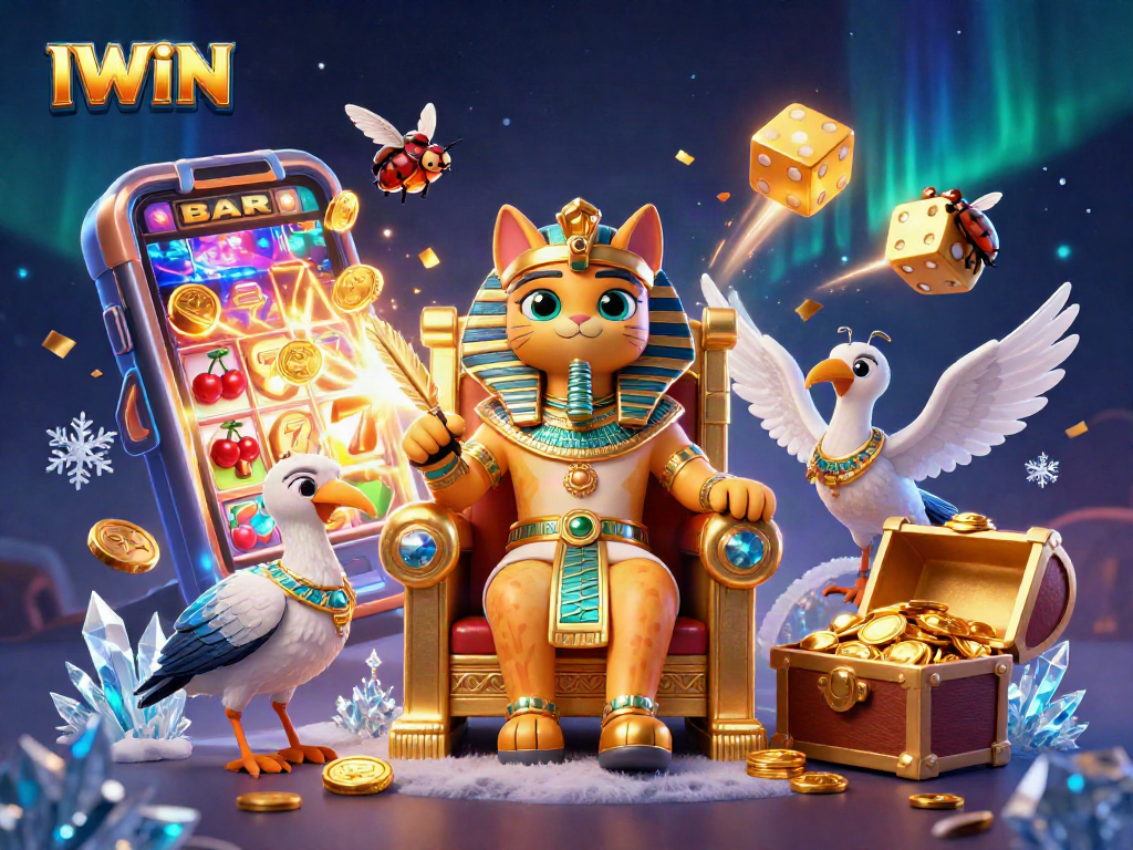 IWIN offers thrilling slot action with a vibrant 3D scene featuring a pharaoh cat, jackpot elements, and a smartphone game lobby.