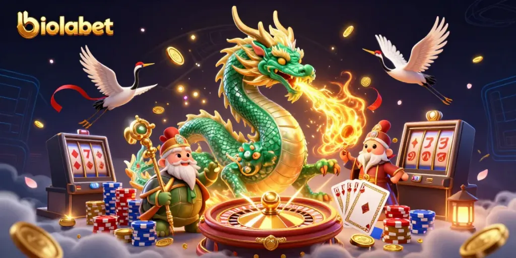 Experience thrilling gameplay with biolabet's dynamic casino scene featuring a jade dragon and lucky symbols.