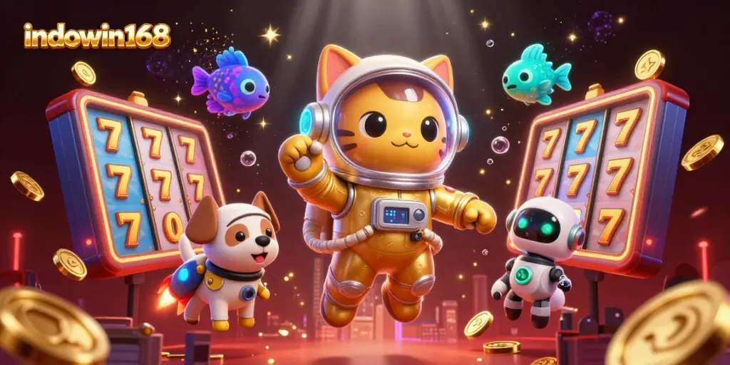 Join the fun with indowin168 in this vibrant casino-themed cosmic illustration featuring exciting game elements.