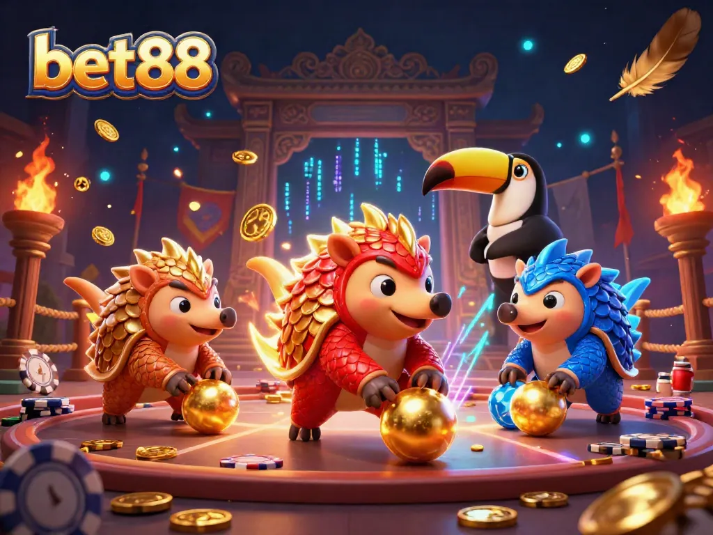 Bet88 pangolins compete in a vibrant casino scene filled with poker chips and golden confetti.