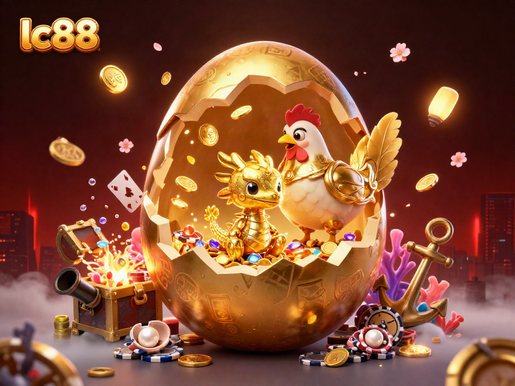 Win big with lc88, featuring a golden dragon amidst vibrant casino treasures.