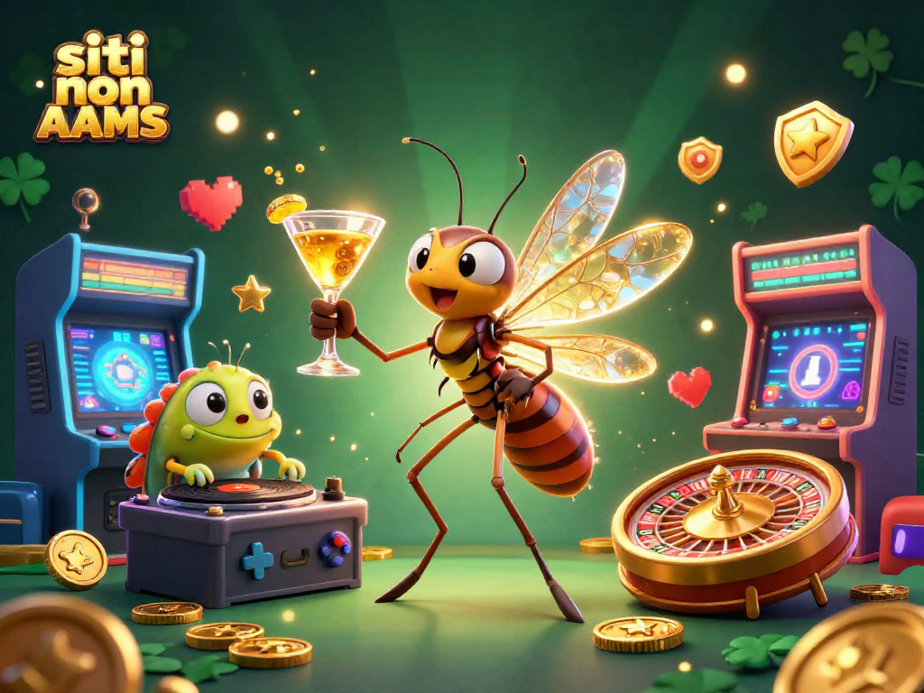 Vinci nei siti non AAMS con un'illustrazione vibrante di un casinò animato e giochi retro.